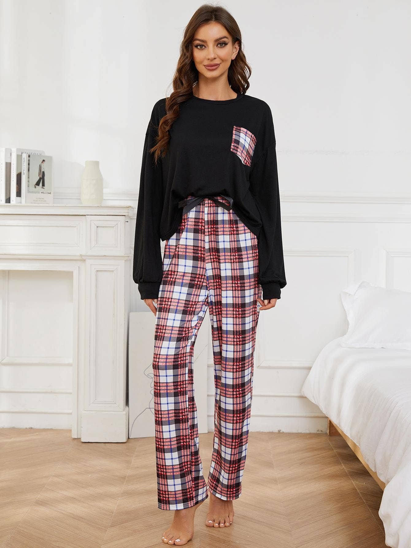 TWO-PIECE PLAID PRINTED TROUSERS LOUNGEWEAR