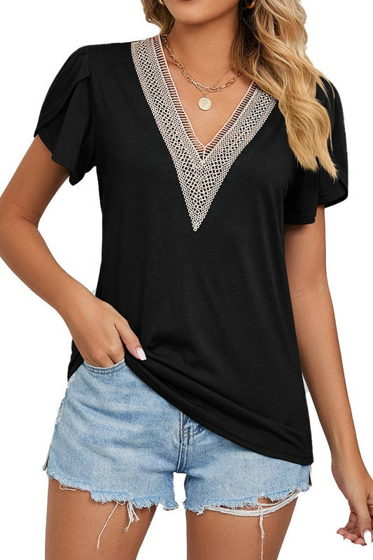 Cwtts1353_Summer Gold Lace V-Neck Short Sleeve T-Shirt