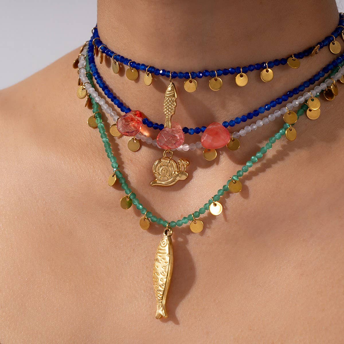 Natural Stone Necklace with Fish Pendant