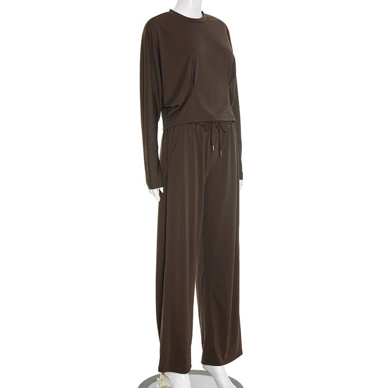 Round-neck straight-leg tie long pants set