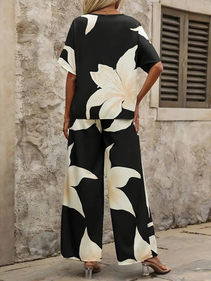 Printed fashion casual Top and long pants set