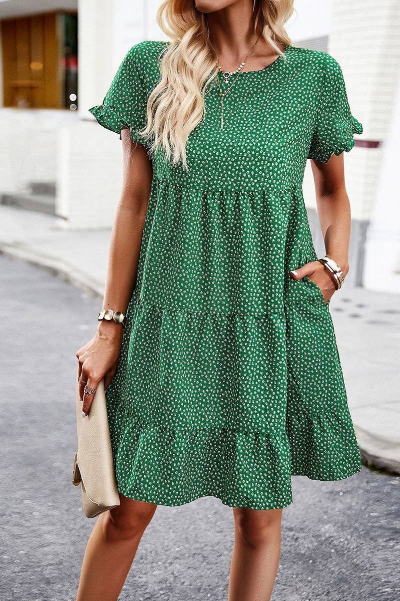 CWDSD2333_Round Neck Floral Ruffle Short Sleeve Dress