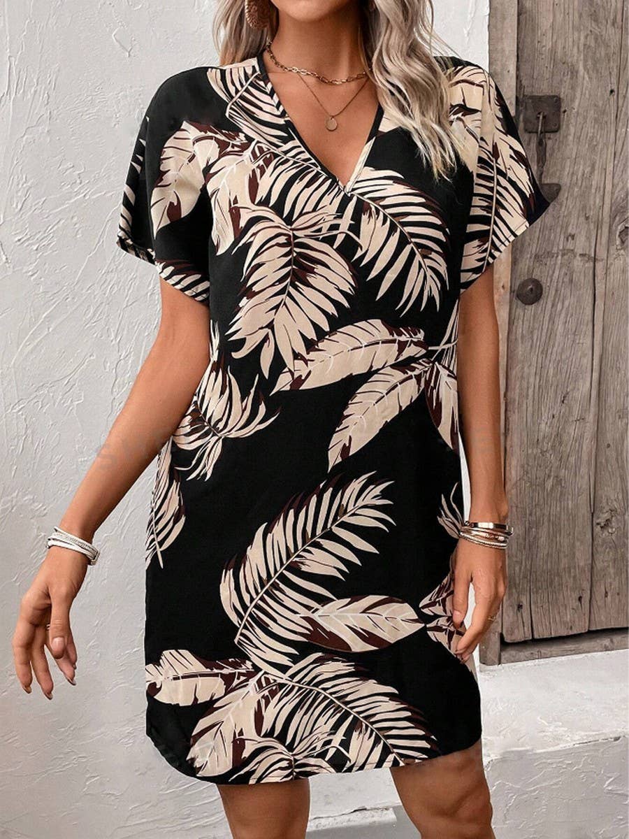 Plant print v-neck casual loose mid-length dress