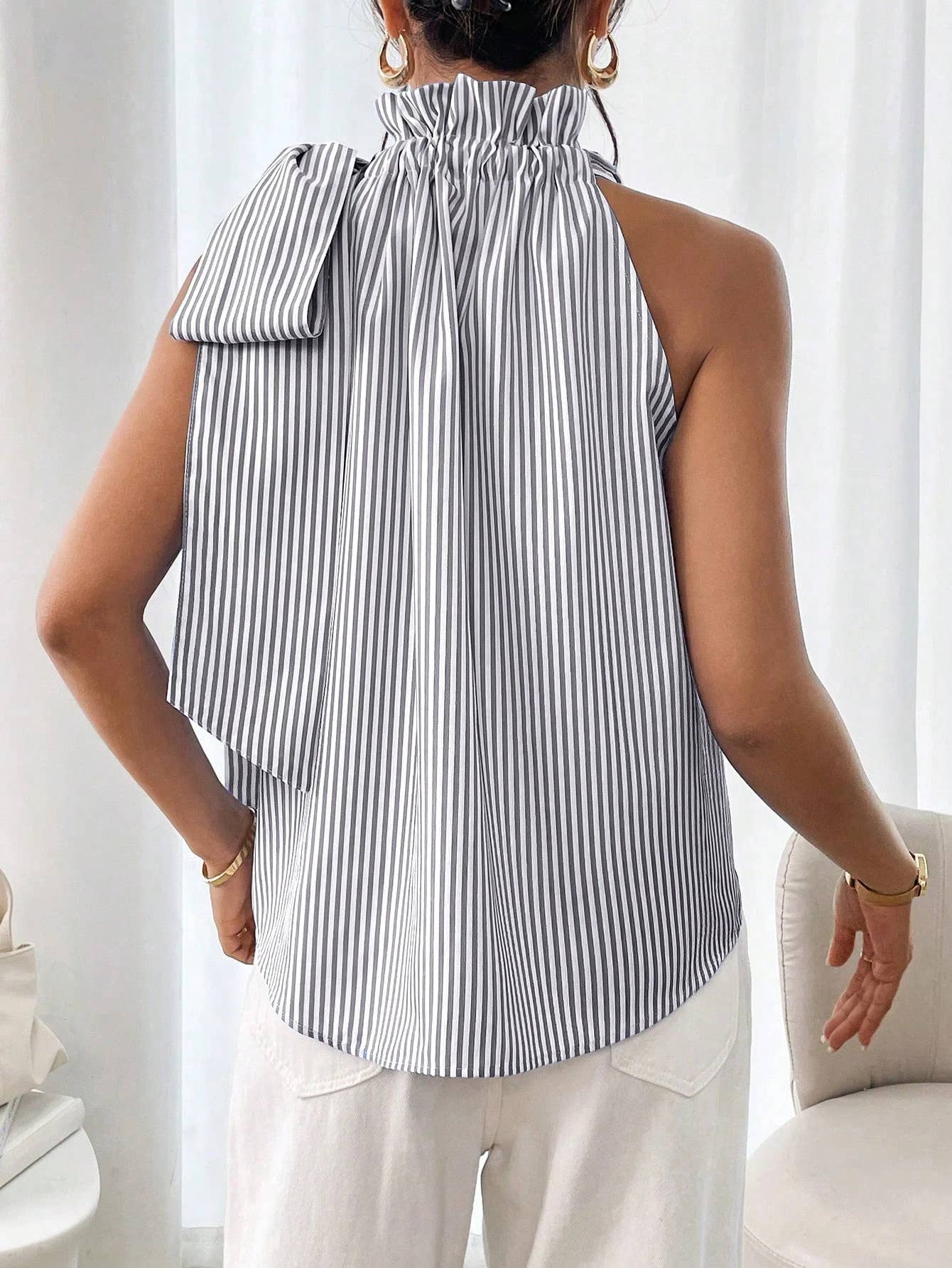 Fashion striped lace high-neck knot-tied T-shirt