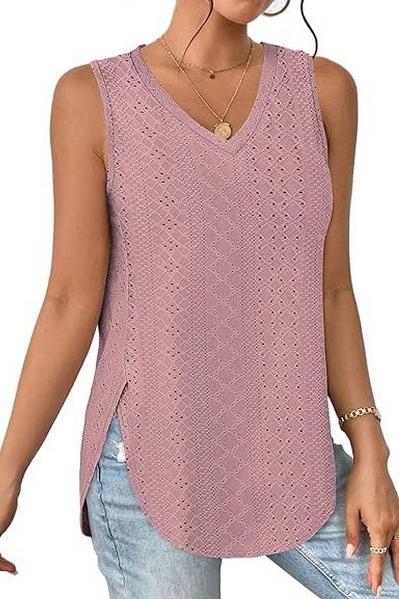 V NECK SLEEVELESS SLIT SOLID COLOR CASUAL SHIRT_CWTSTSL0069