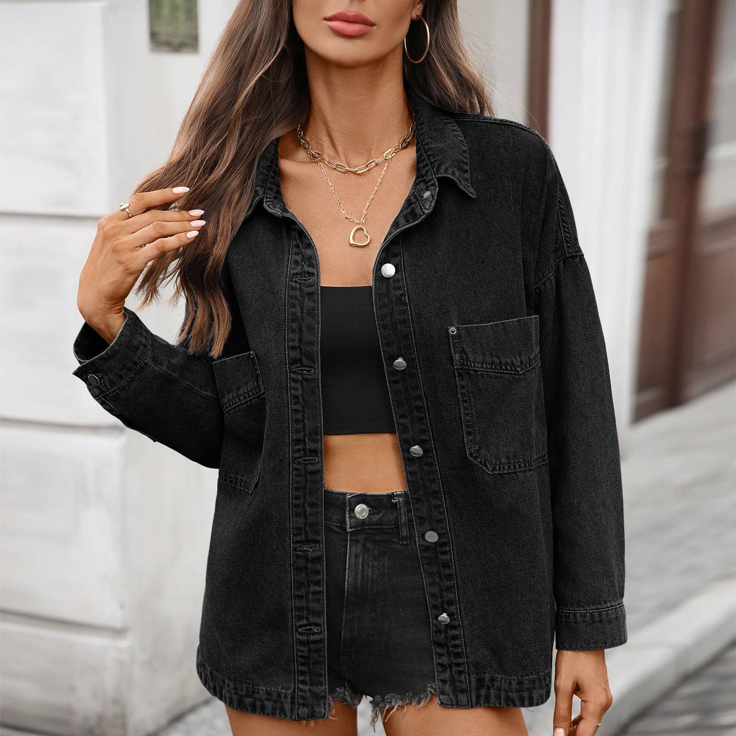 Washed vintage loose casual split denim shirt