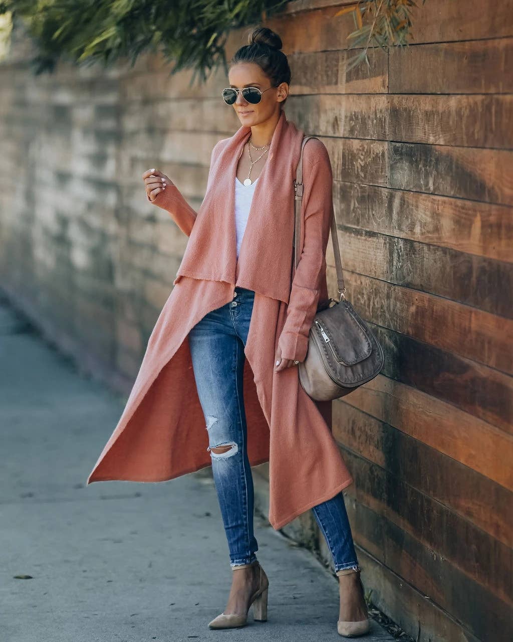 Large lapel unbuttoned solid color long cardigan coat