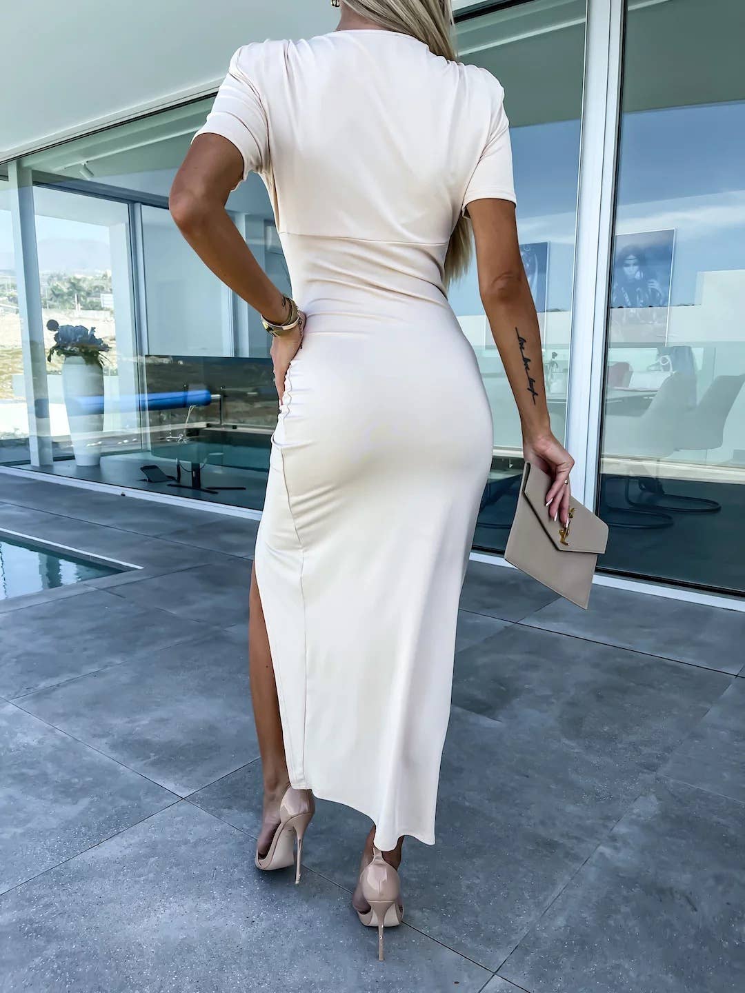 SEXY V-NECK PLEATED FASHION DRESS WITH HIGH SLIT
