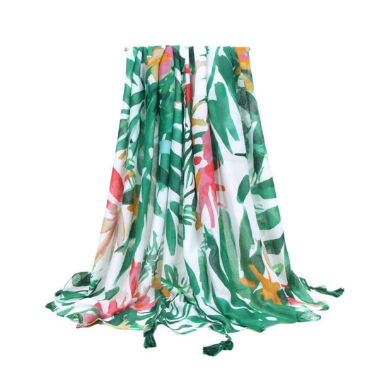 Banana Leaf Print Scarf - Green Summer Beach Wrap_CWASC0676