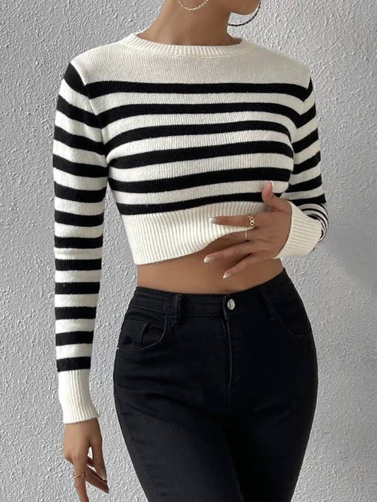 Sexy round-neck striped knitted short sweater