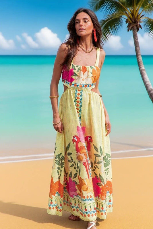 CWDMD6483_POSITIONING PRINT WAIST-BARING TIE-WAIST DRESS