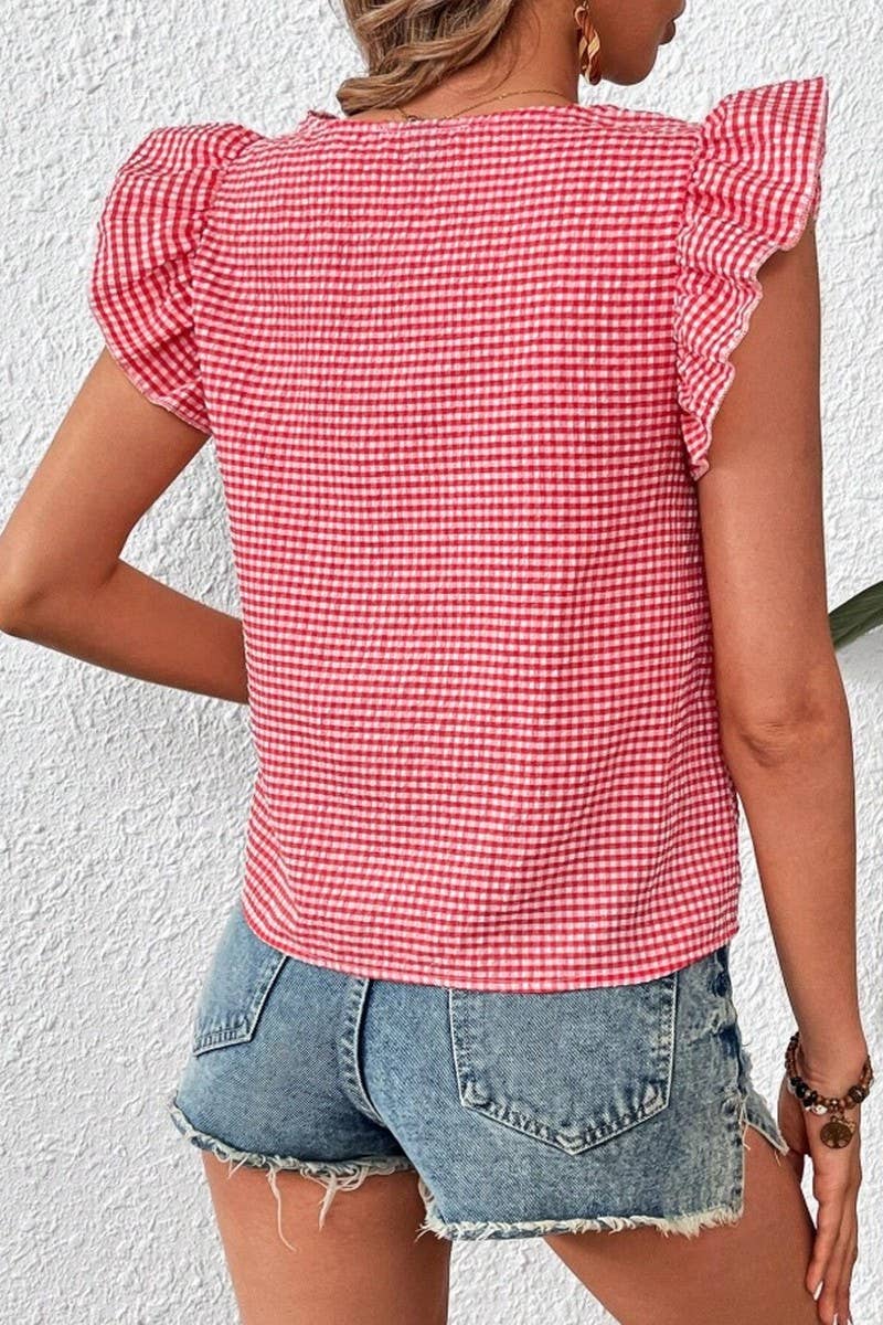 Cwtblsl0969_Plaid Ruffle Square Neck Blouse Top