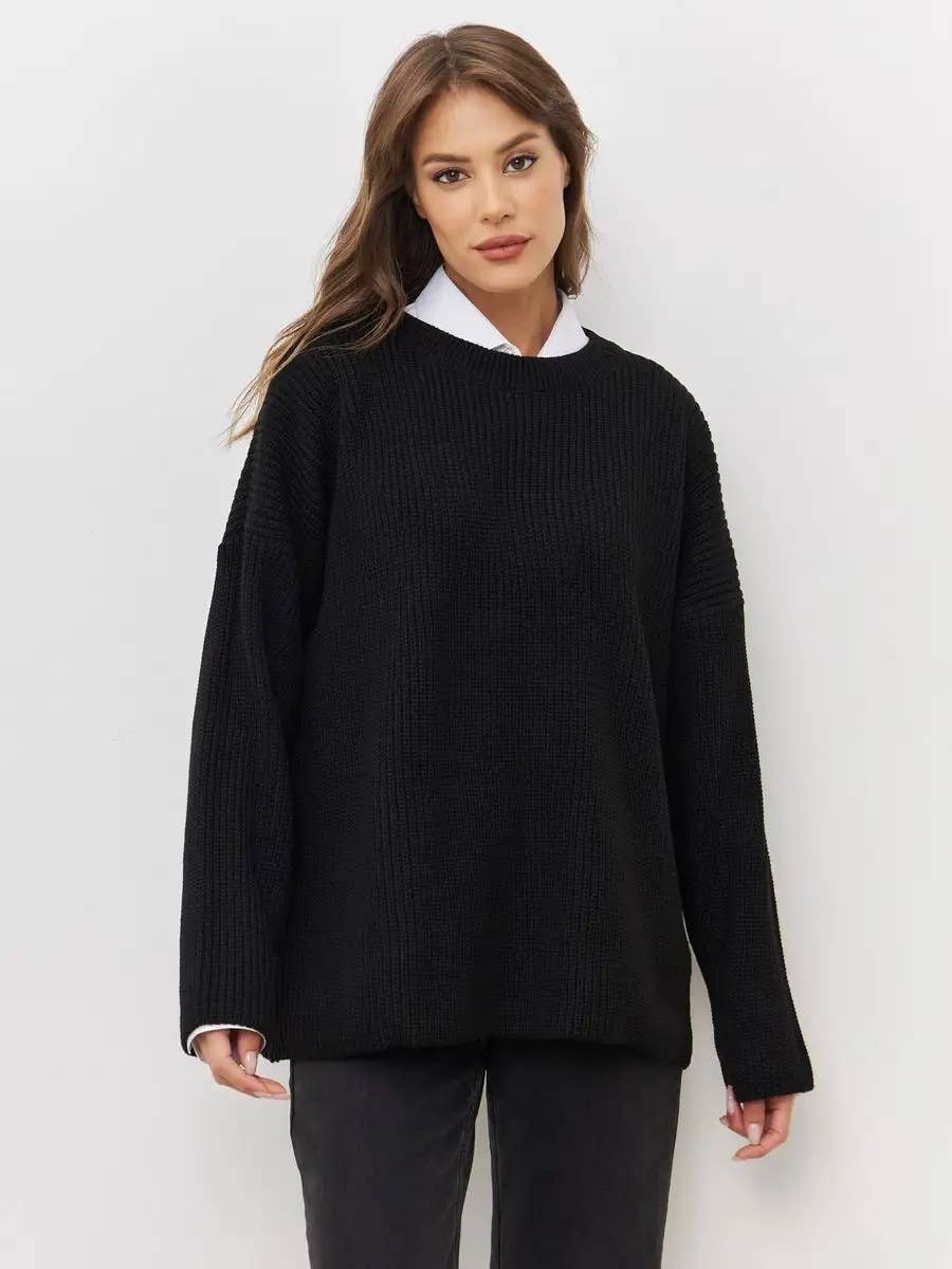 SOLID COLOR CREW NECK LOOSE KNIT SWEATER