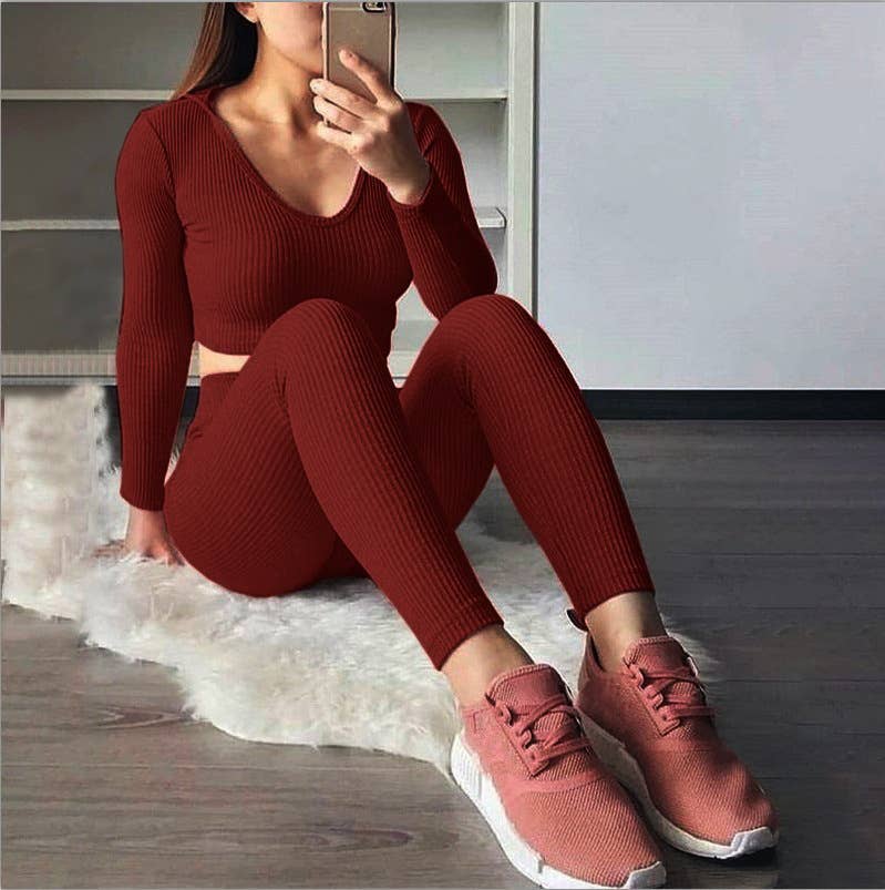 LONG SLEEVE SOLID COLOR HOODED CASUAL SPORTS SUIT