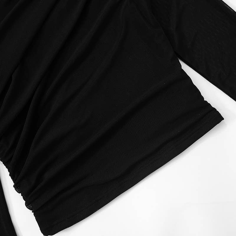 ROUND NECK SOLID COLOR MESH PLEATED CROP TOP