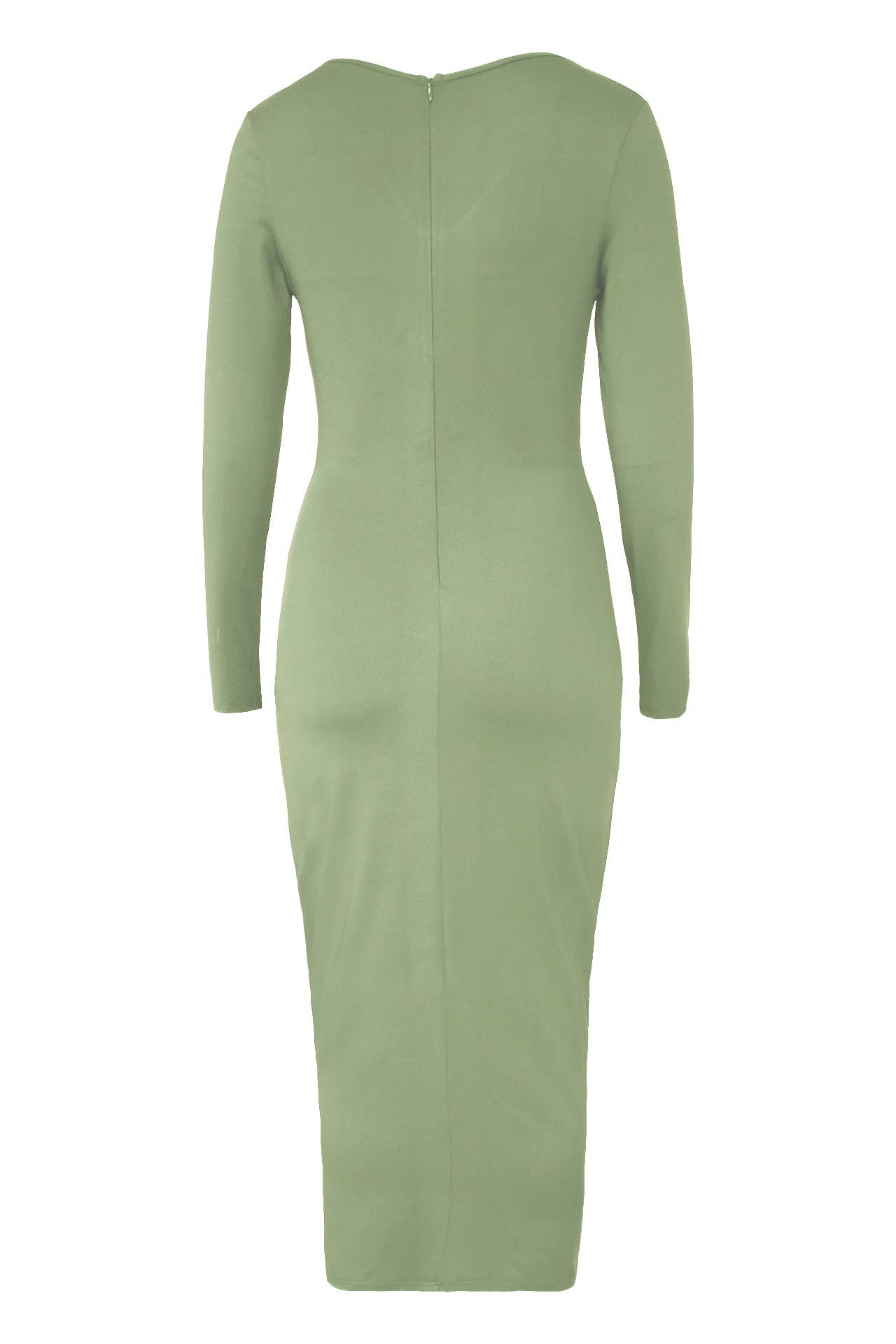 LONG SLEEVE V-NECK WAIST PLEATED LONG DRESS