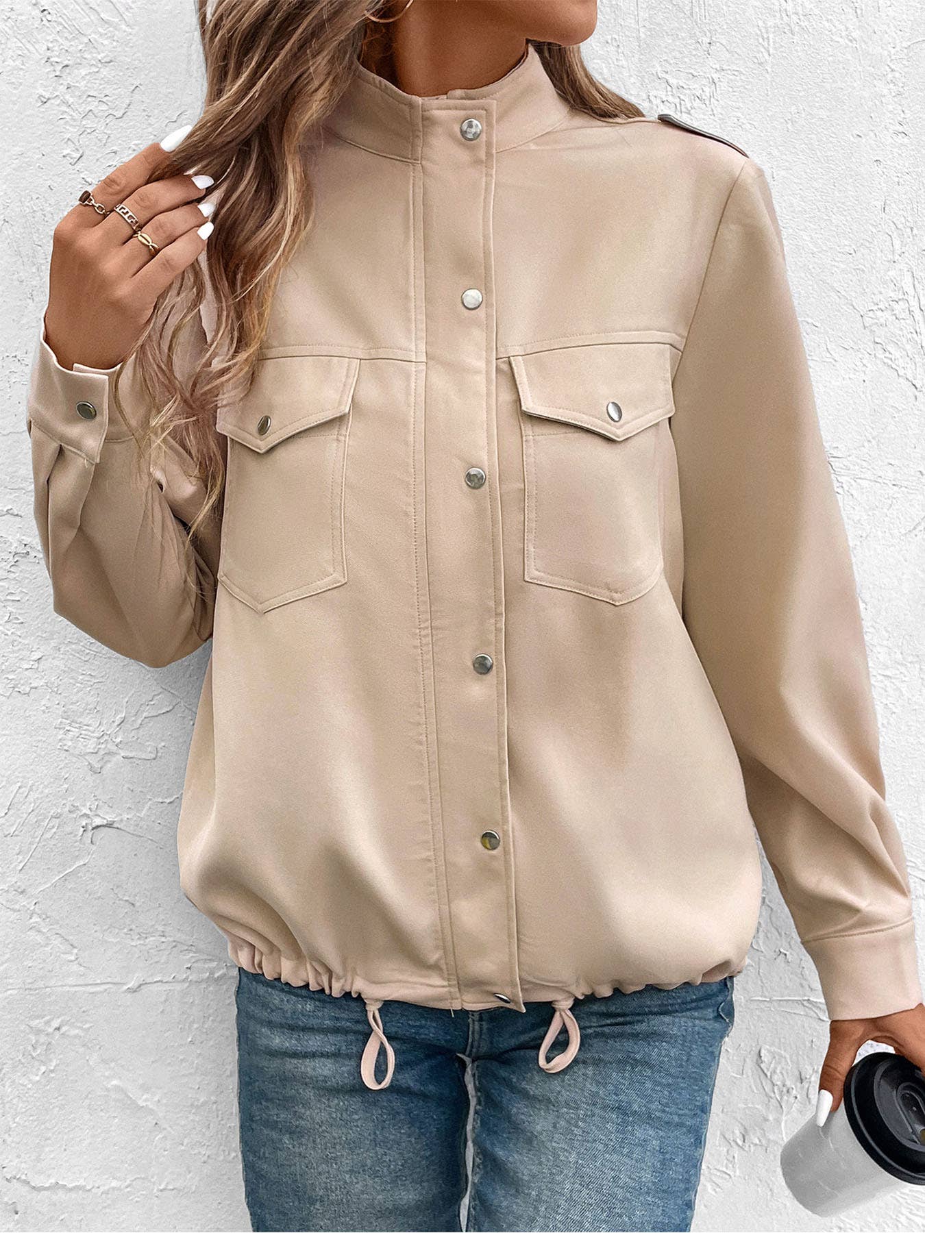 SOLID COLOR ZIP-UP JACKET WITH STANDING COLLAR