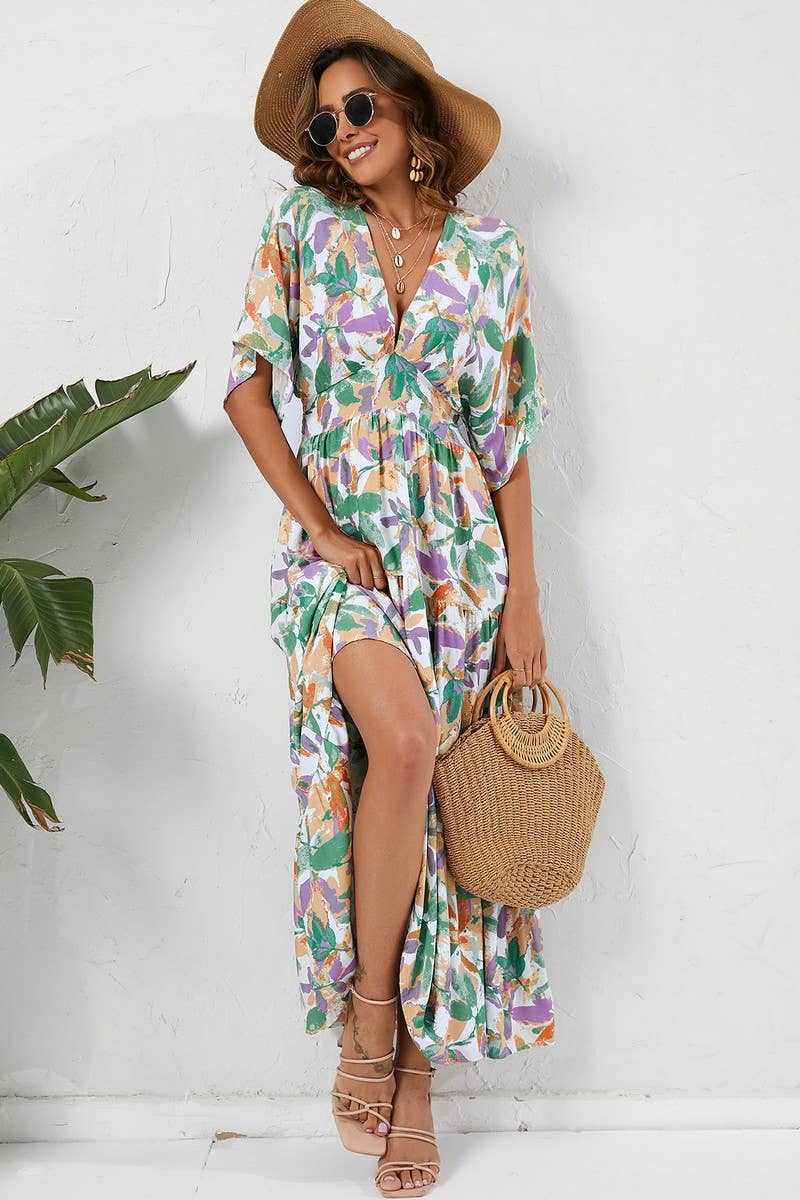 CWDMD4120_BATWING SLEEVE V-NECK PRINTED BEACH DRESS