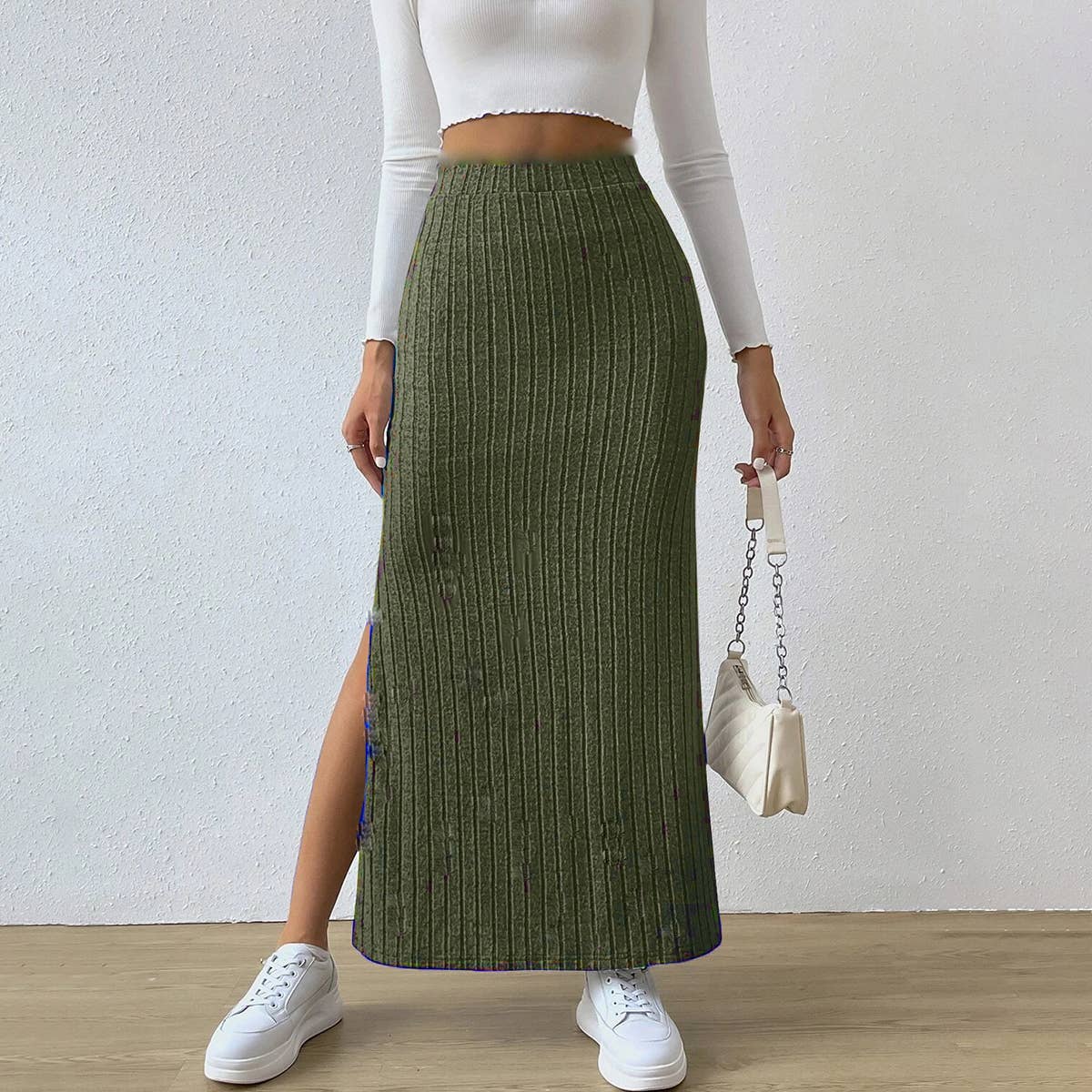 HIGH WAIST SIDE SLIT SLIM KNIT SKIRT