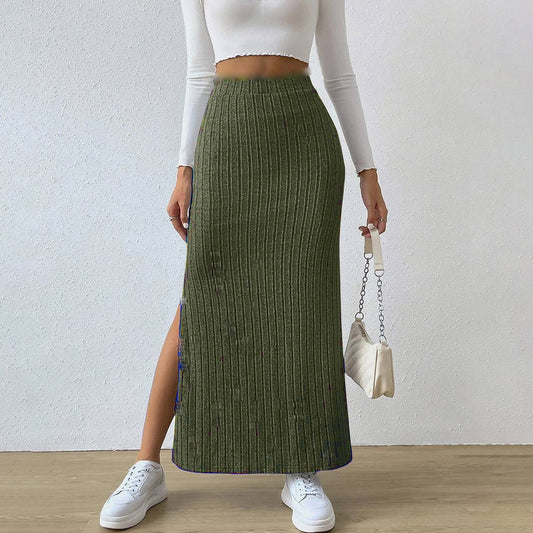 HIGH WAIST SIDE SLIT SLIM KNIT SKIRT