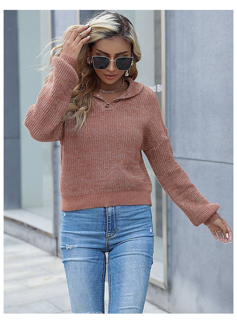 KNIT SOLID COLOR LAPEL FASHION PULLOVER SWEATER