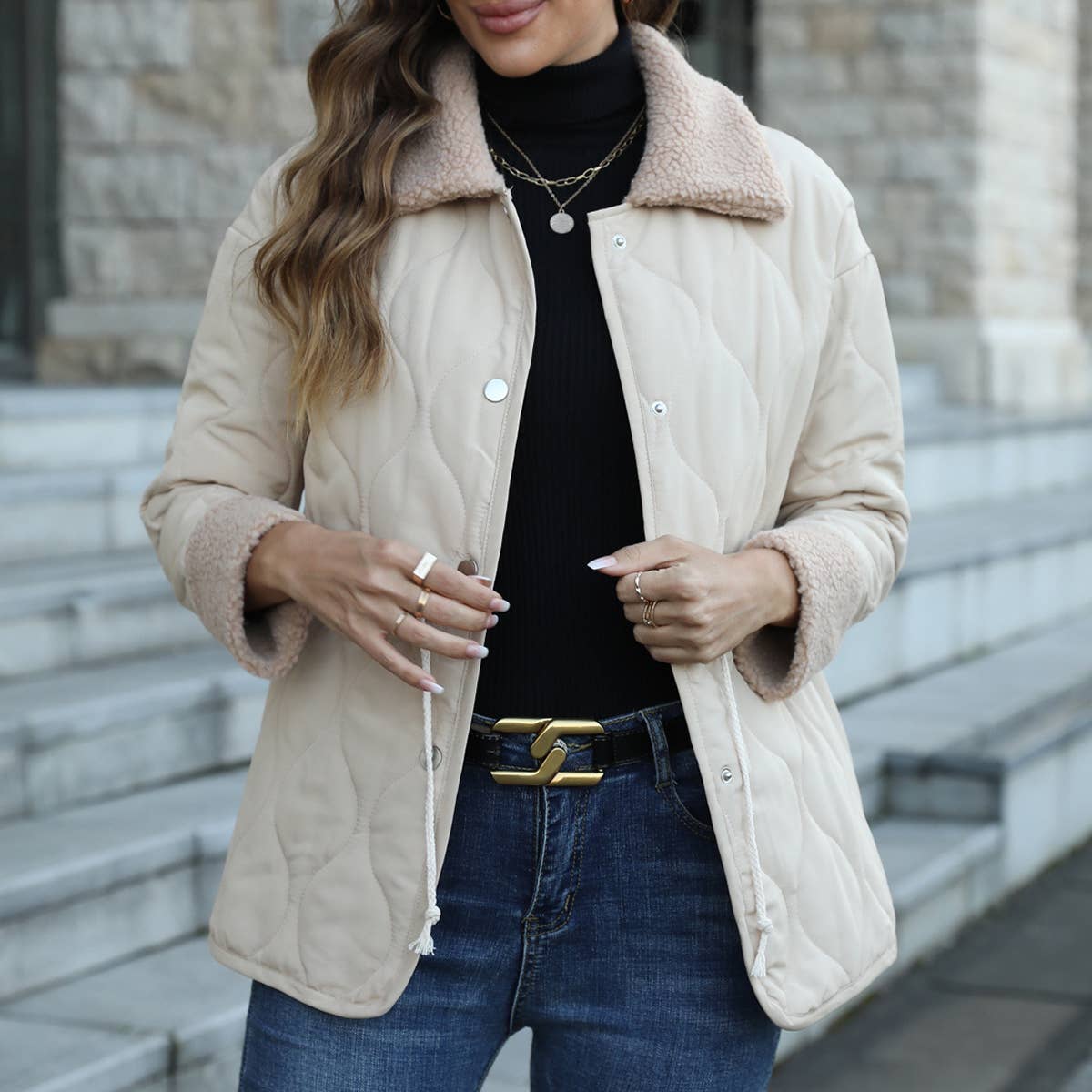 LAPEL COTTON-PADDED JACKET FUR COLLAR JACKET