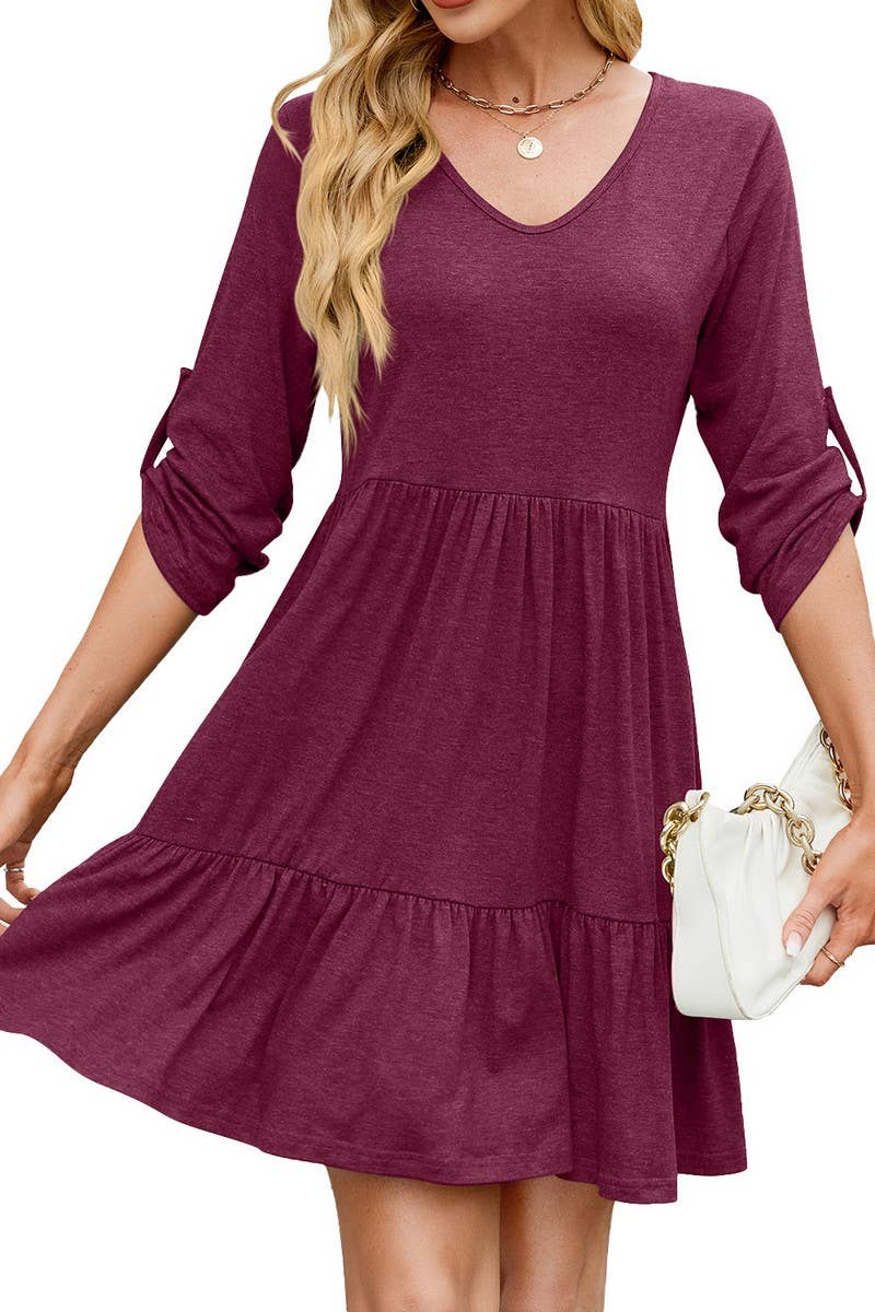 CWDSD8726_SOLID V-NECK BUTTON CASUAL DRESS
