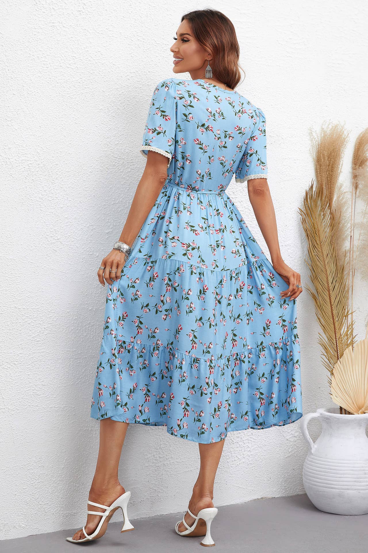 FASHION FLORAL V-NECK SHORT-SLEEVED DRESS