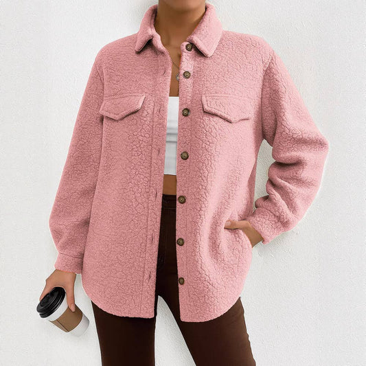 Solid-colored long-sleeved lapel fleece coat