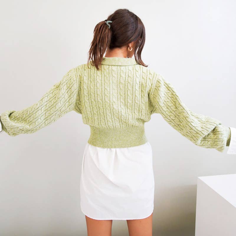 SOLID COLOR V-NECK TWIST CROP SHORT SWEATER
