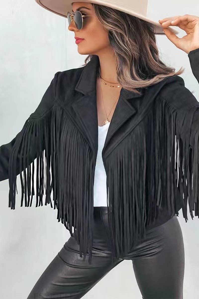 CWOCAL2295_AUTUMN WOMEN'S SHORT SLIM FIT FRINGE COAT
