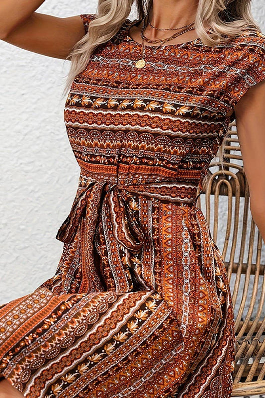 CWDMD5343_BOHO PRINT STRIPED BELTED A-LINE DRESS