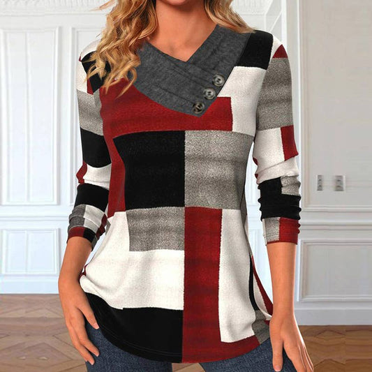 KNIT PLAID PRINT PULLOVER LONG SLEEVE T-SHIRT