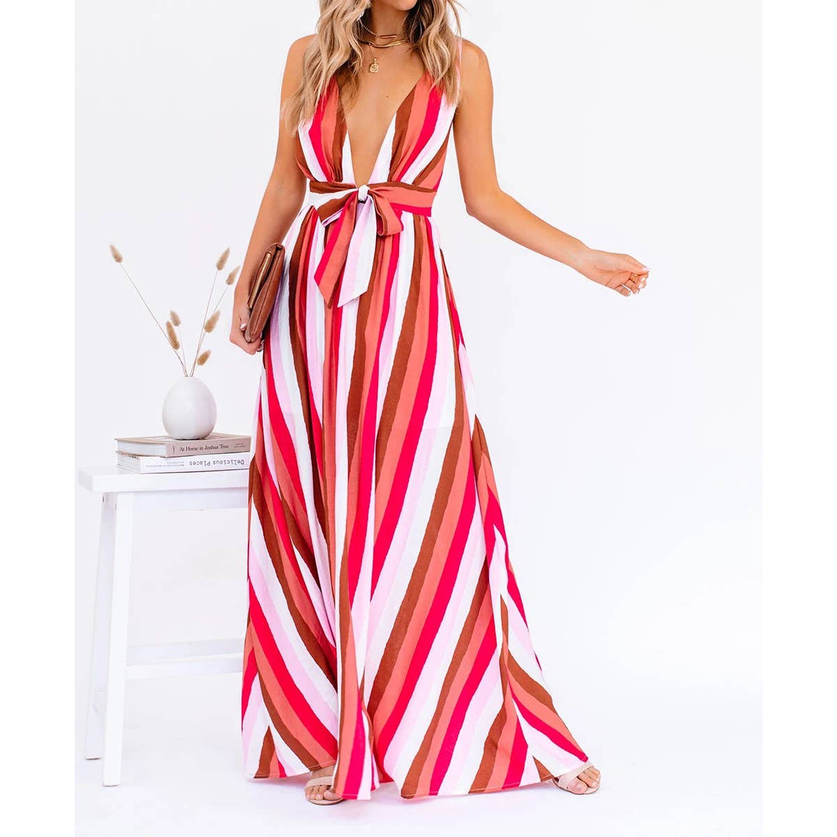 SEXY HALTER DEEP V STRIPED CASUAL DRESS