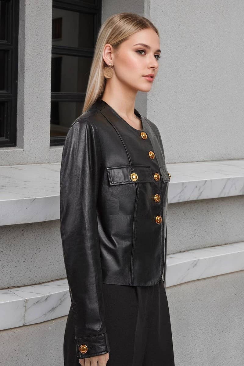 CWOHOL1147_ROUND COLLAR METAL BUTTON SHORT PU LEATHER JACKET