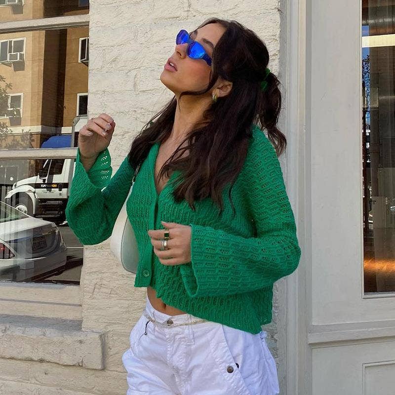 LAPEL HOLLOWED OUT SOLID COLOR BUTTON CARDIGAN