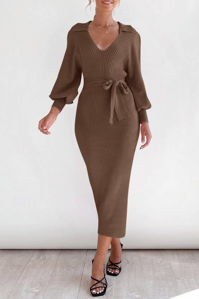 CWDMD01035_VINTAGE LANTERN SLEEVE V NECK KNIT SWEATER DRESS