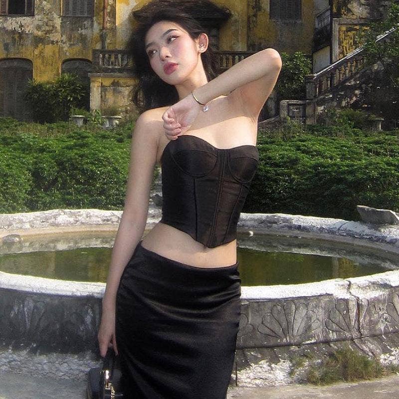 Satin Strapless Waist Cinched Crop Top