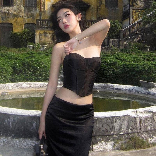 Satin Strapless Waist Cinched Crop Top