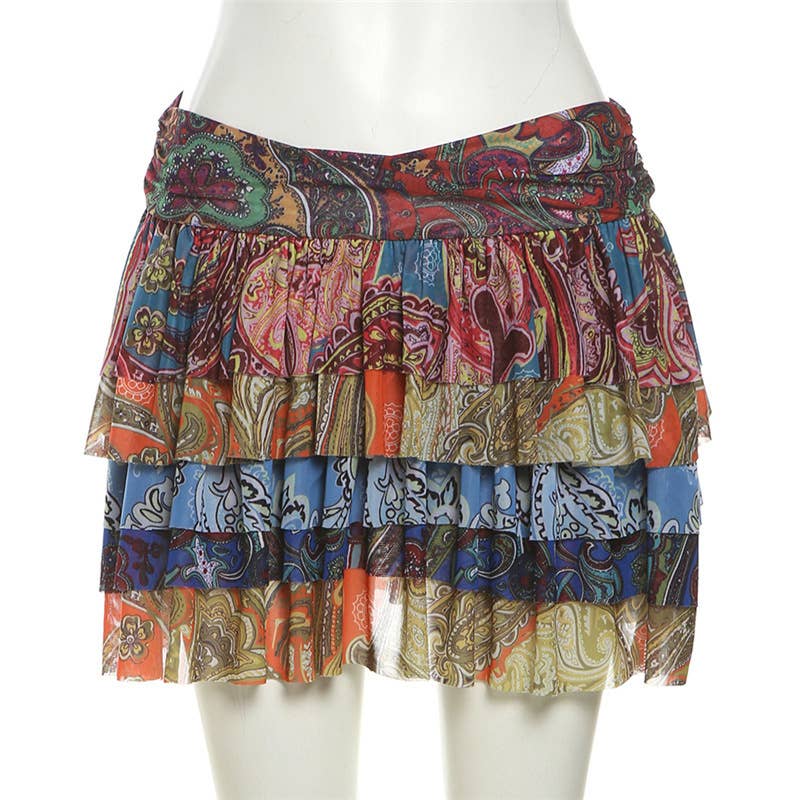 Vintage High Waist Ruffle Print Mini Skirt