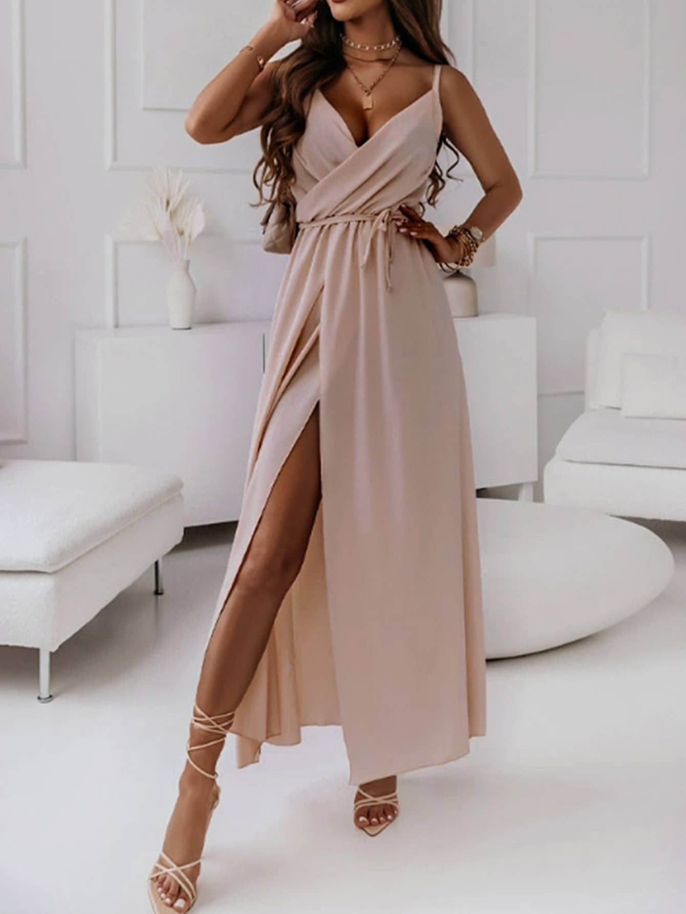 Long halter dress with solid color strap waist