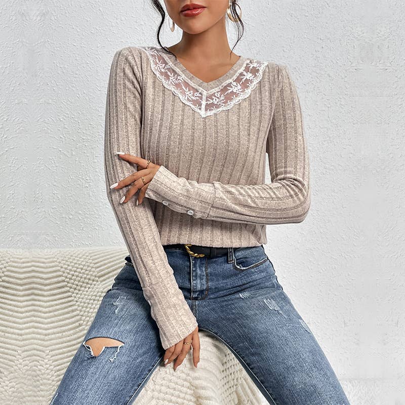 SLIM-FIT LACE PATCHWORK V-NECK PIT STRIP KNITWEAR