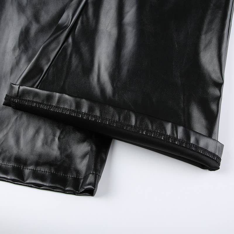 Button-up waist cutout PU leather casual pants