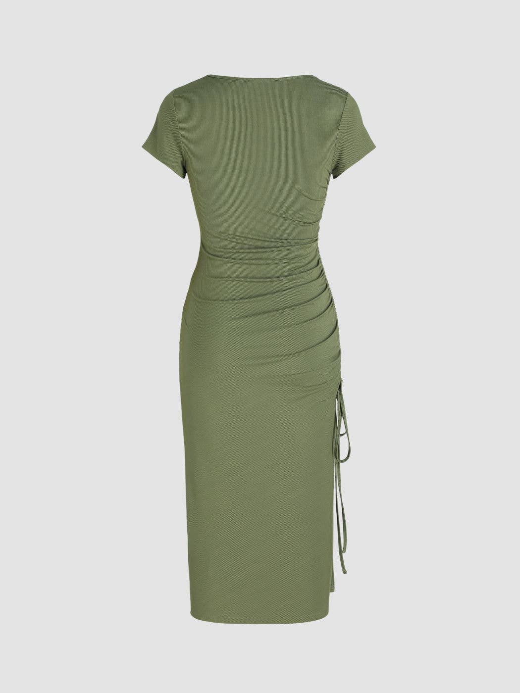 Knitted square neck cinched waist slit dress