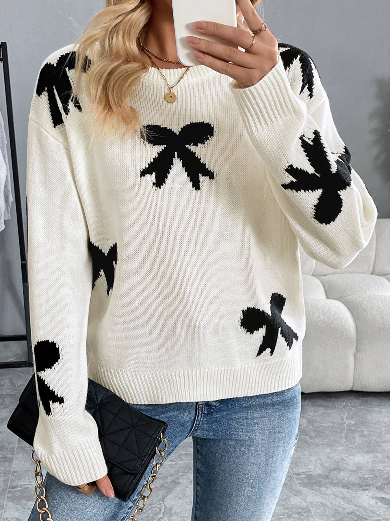 JACQUARD PULLOVER SWEATER WITH BOW BOW