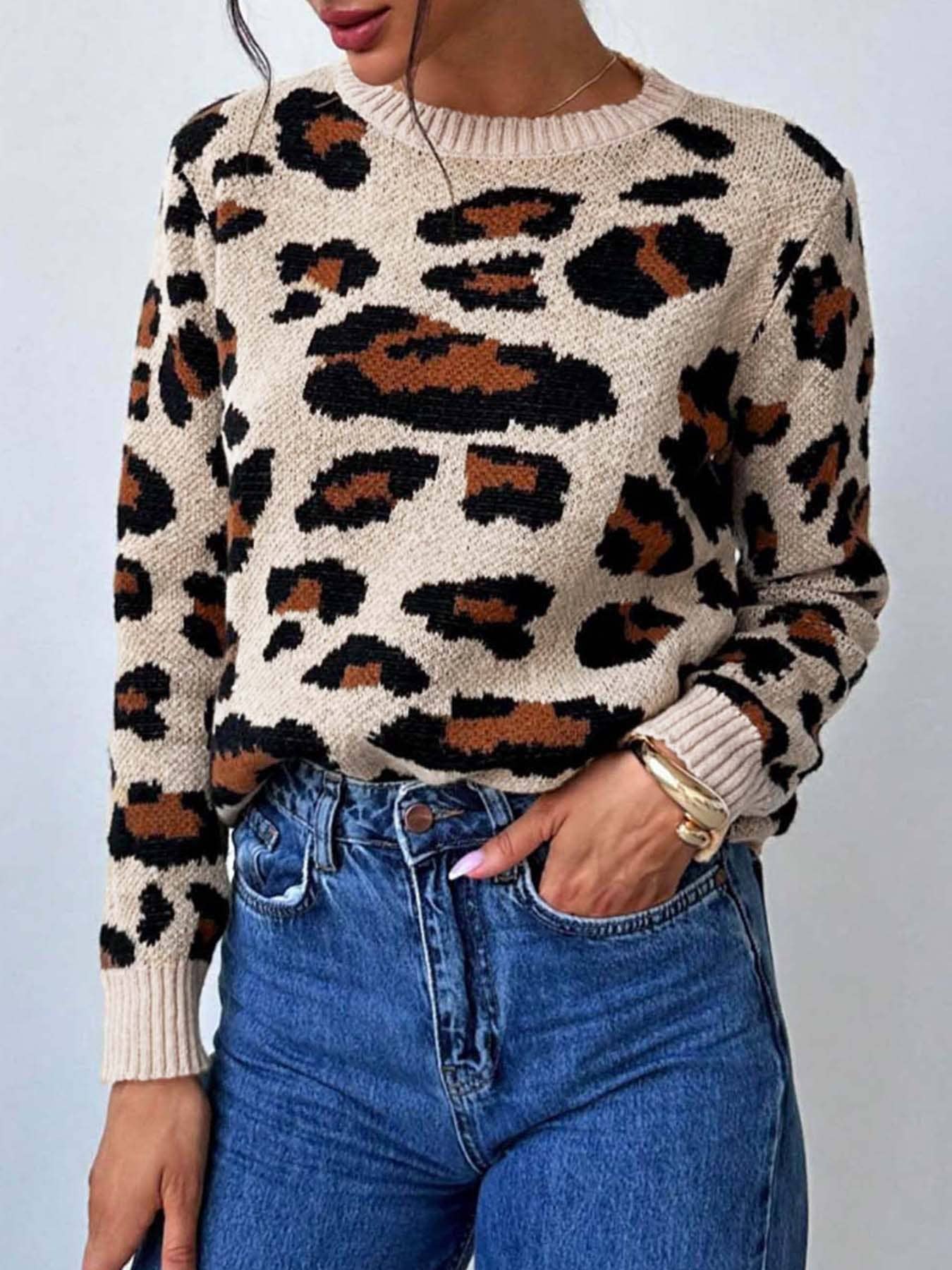 Round-neck retro leopard print pullover sweater