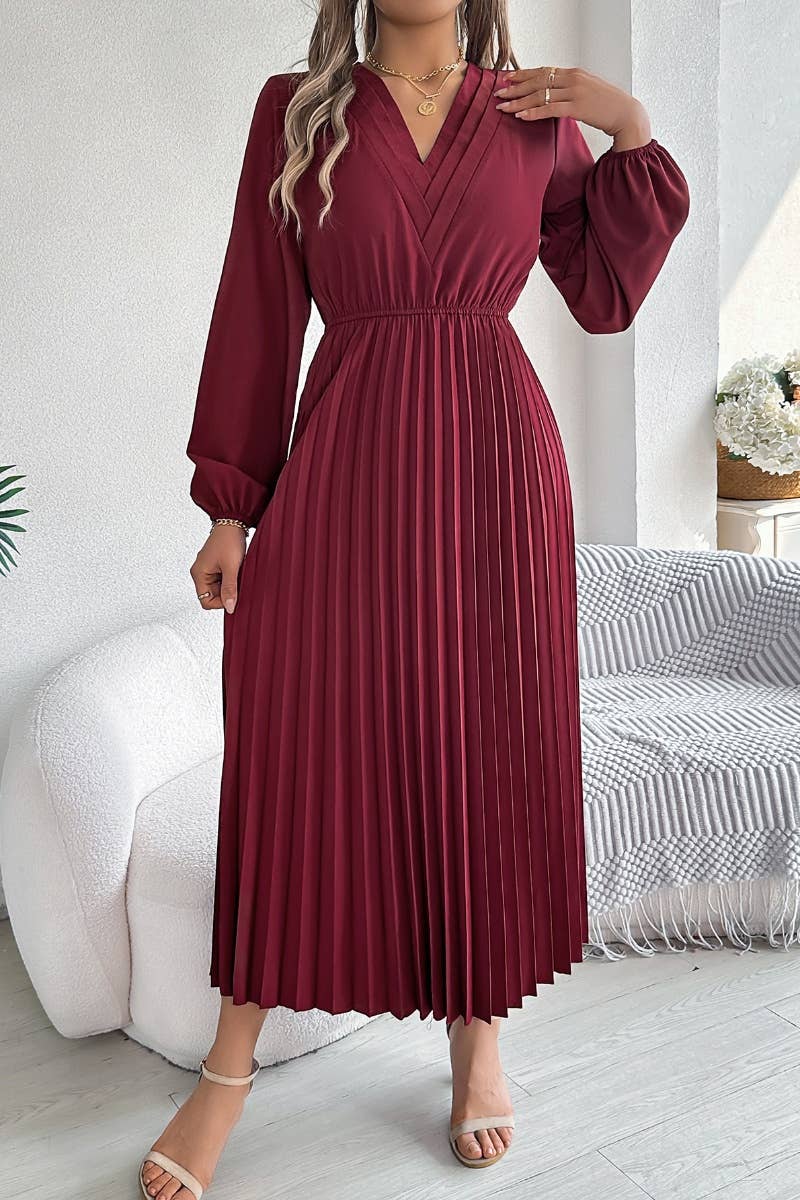 CWDMD3462_V-NECK LONG SLEEVE WAIST PLEATED DRESS LONG STYLE