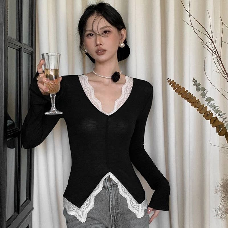 SOLID COLOR V-NECK SEXY LACE PATCHWORK TOP