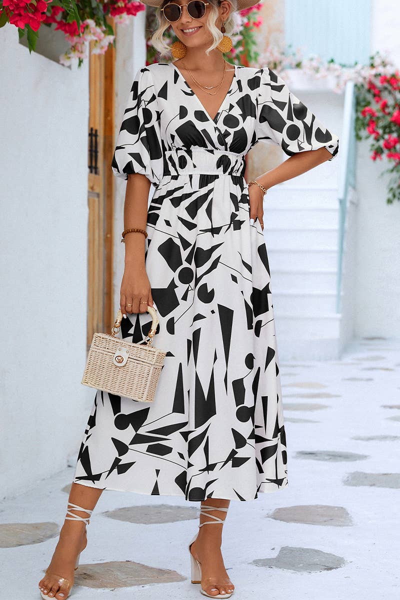 CWDTD0404_WOMEN'S V-NECK PUFF SLEEVE DRESS