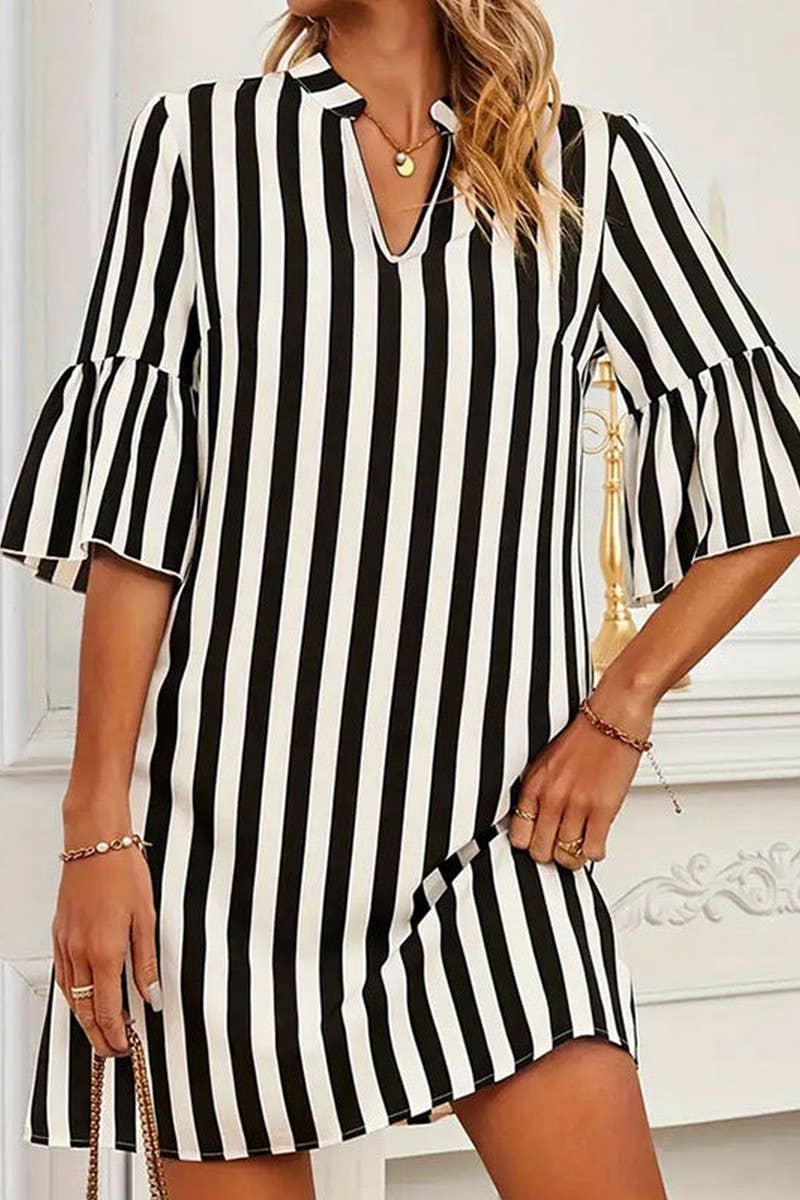 CWDSD7718_SUMMER STRIPED TRUMPET SLEEVE LOOSE A-LINE SKIRT